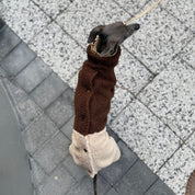 Dog wearing a brown and beige fleece coat on a gray pavement.