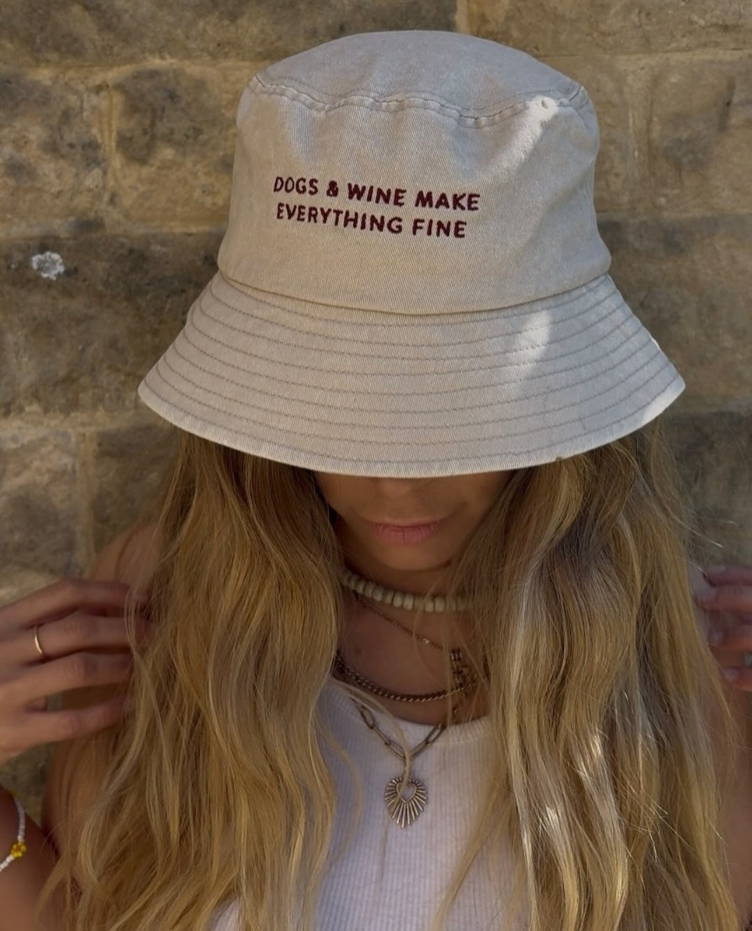 Beige Denim Bucket Hat - Dogs & Wine Make Everything Fine